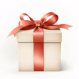 a white present box with a red ribbon tied around it