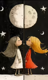 the two little girls look at the moon while gazing
