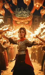 a person in a costume dancing while wearing fire torches