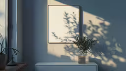 a painting with an empty vase on it,a potted plant on top of a dresser next to a window