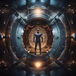 a man is standing inside a futuristic building