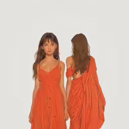 two models pose wearing a orange draped dress