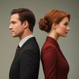a man and woman, looking down, one woman is red with hair in a bun