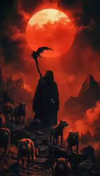 a painting with an orange sky and clouds is shown