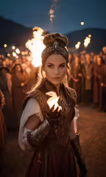 a woman wearing armor standing in front of a large group of people