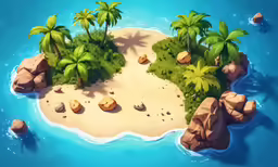a cartoon island with rocks, palm trees and boulders