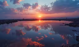 a sunset is seen over the water as it reflects the sky