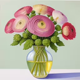 painting of colorful flowers in clear vase on table,the painting has flowers in a vase on a table,a painting of pink and yellow flowers in a green vase,the painting has been completed with colored lines,a painting of flowers sitting in a vase