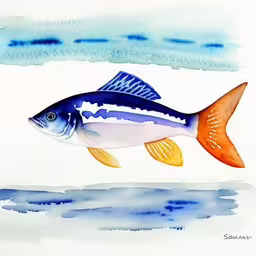 the painting is of a blue and orange fish,a painting shows a fish near the water,two pictures of the same fish in different colors,a blue and white fish on top of water,the painting shows a fish with bright yellow fins
