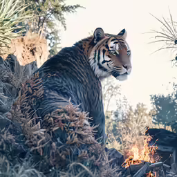 the large tiger stands near a small fire