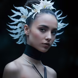 a woman wearing an unusual headdress is looking off to the side
