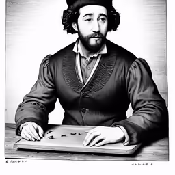 the black and white image shows a man with long hair