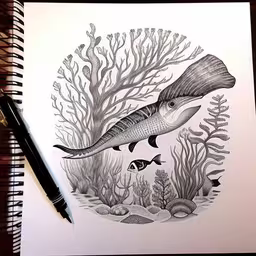 a pen drawing of fish and seashell on a notebook,a drawing of an underwater scene with fish and seaweed