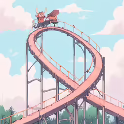 two people ride a roller coaster over some clouds
