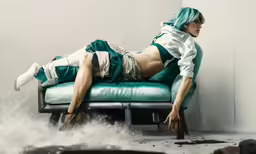 an adult male model laying on a chair with a piece of furniture