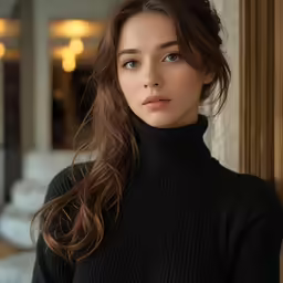 a very pretty woman in black sweater with her long hair blowing