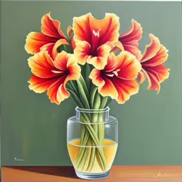 a painting of orange flowers in a vase,an oil painting of flowers in a glass vase,the painting is an oil on board of some flowers in a glass vase,a painting of a bouquet of flowers in a vase,orange flowers in a clear vase next to a brown table
