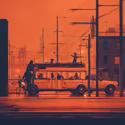 a man and a child walking next to two trucks,a yellow picture of people in the rain with buildings