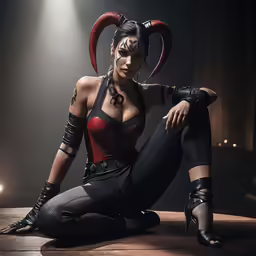 a woman sitting on the ground with her legs crossed wearing black and red devil makeup
