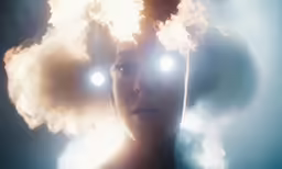 woman staring at camera in a photo with two round glowing eyes