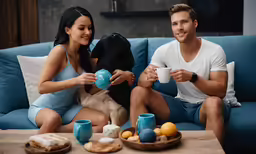 a couple on a couch holding cups of tea and smiling