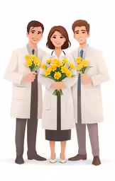 a man and woman dressed in lab coats, with flowers