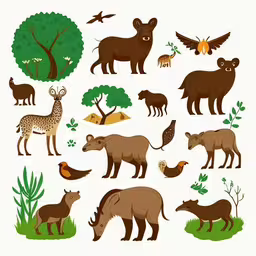 the set of different animals is on the paper,various wildlife species, including birds and geese,several different types of wild animals with trees and foliage,an image of animals and birds in the wild,various types and sizes of animals are grouped together