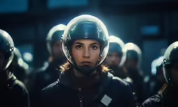 woman standing between people wearing helmets, and looking to the side