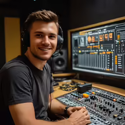 a young man wearing headphones sits next to a mixing station