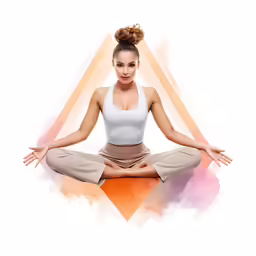 woman practicing yoga on watercolor background with orange triangle