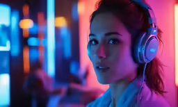 a girl in a neon colored room wearing headphones