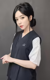 a chinese woman in black dress stands in front of grey background