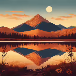 a mountain is seen behind a lake in the fall,mountains and trees are silhouetted in the water as the sun sets