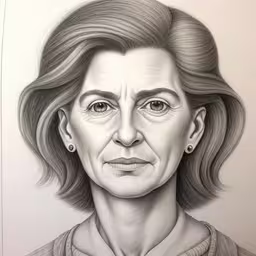 a drawing of the woman who was killed by an evil gun,the woman has a very large nose and long hair,a drawing of an older woman in black and white,a drawing of a woman in a sweater is shown,a woman with a short gray hair and a brown dress shirt, looking to her left