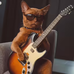 an orange cat wearing sunglasses playing a guitar