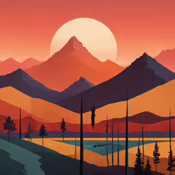 a painting of a mountain with trees on the horizon,a painting of mountains with a sunset behind them