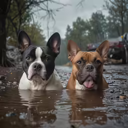 two black and white dogs laying in a river