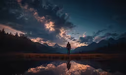 person standing on a small body of water at sunset