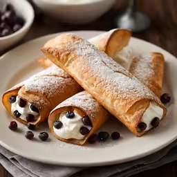 four pastries sitting on a plate with powdered sugar and berries