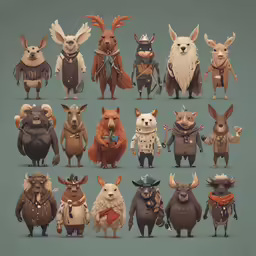 several animated animals in costumes with hats and scarves