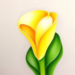 a drawing of a yellow flower with green leaves,an oil painting of a flower on a wall,the drawing of yellow flower with large leaves on it,a drawing of a yellow flower on a white wall,a large yellow flower with a green leaf