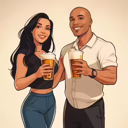 cartoonized man and woman toasting beer with their arms crossed
