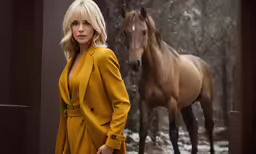 woman in yellow coat standing by a horse