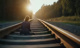 a woman sitting on railroad tracks as the sun goes down