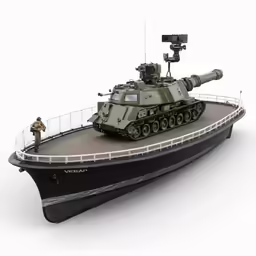 a military vehicle driving on top of a boat