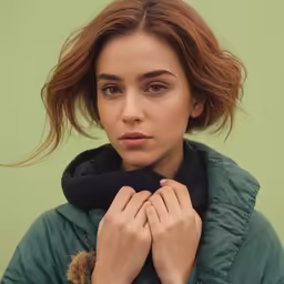 a girl with red hair and green jacket has her hands folded on her collar