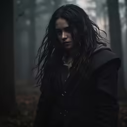 a person in the woods with long hair