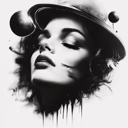 a woman with black hair wearing a hat and a skull