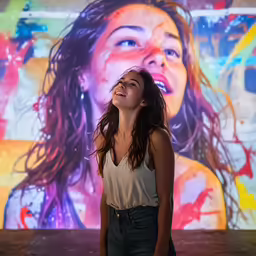 a woman is posing for a photo by a wall