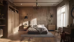 a bedroom is shown with wooden walls and a large bed
